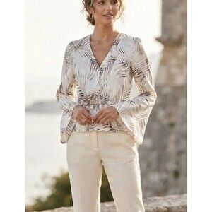 WHBM Satin Feel Peplum Blouse Palm Print Bell Sleeve Boho Coastal Ivory Size M